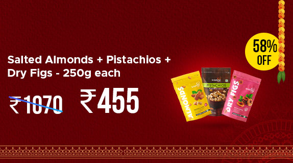 Krishival: Salted Almonds + Pistachios + Dry Figs - 250g each worth Rs 1070 at Rs 455 + Flat 15% CashKaro Cashback