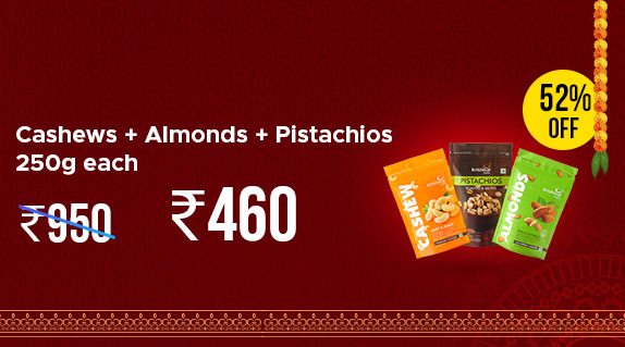 Krishival: Cashews + Almonds + Pistachios - 250g each worth Rs 950 at Rs 460 + Flat 15% CashKaro Cashback