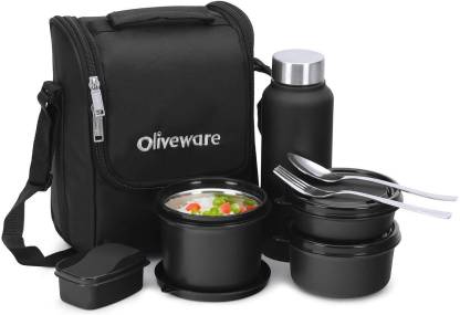 SOPL-OLIVEWARE Teso Pro Lunch Box with Bottle 3 Stainless Steel Containers, Black