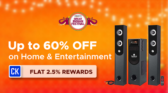 Amazon: Great Indian Festival: Upto 60% OFF on Home and Entertainment + Flat 2.5% CashKaro Rewards