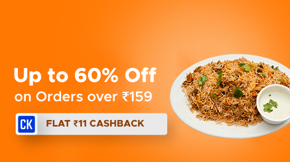 Swiggy: Upto 60% Off Code on Orders over Rs 159 + Flat Rs 11 CashKaro Cashback (Rs 1 Cashback + Rs 10 Bonus Cashback) on orders over Rs 100